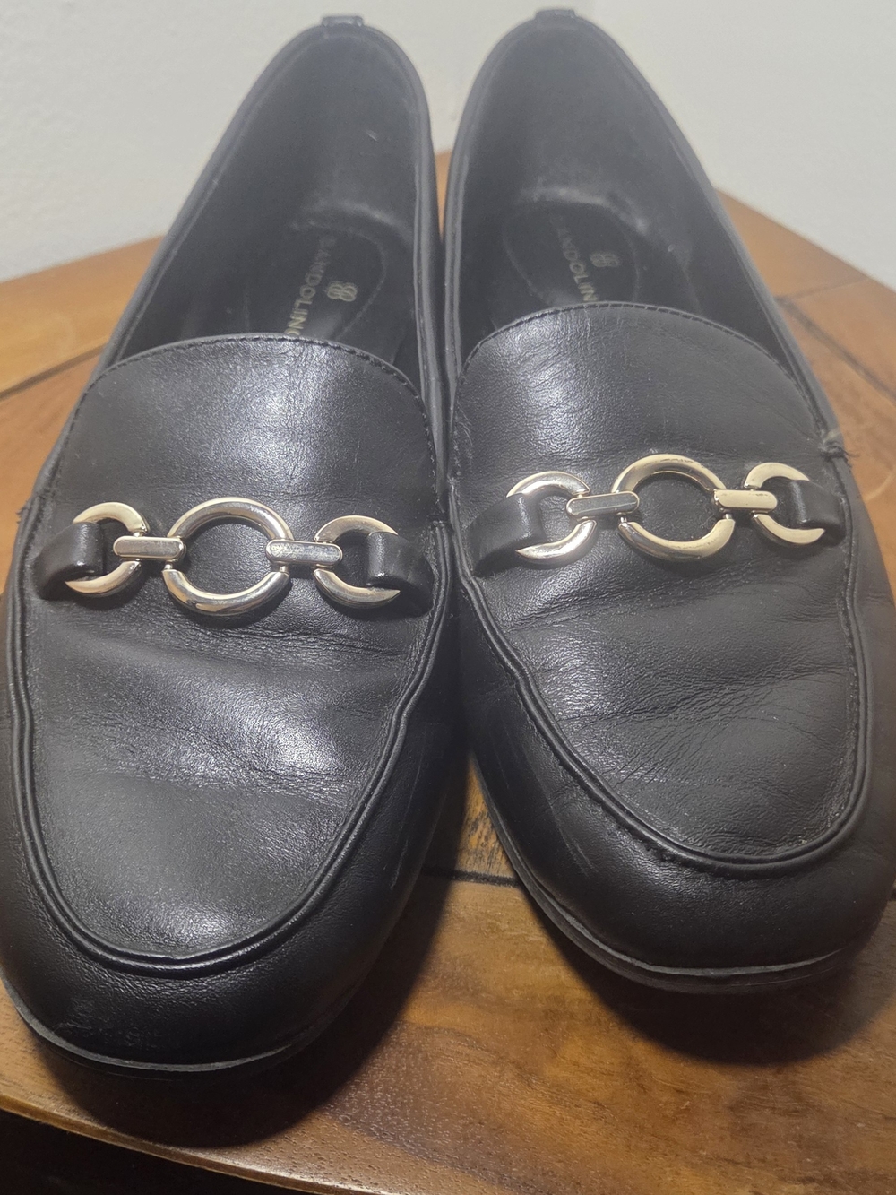 Bandolino Black Leather Loafers with Gold Chain Detail